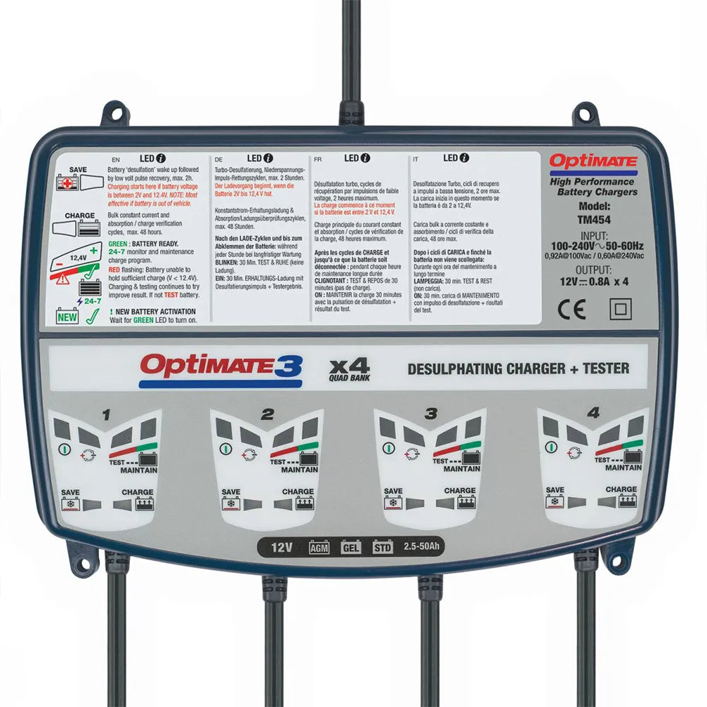 Tecmate Optimate 3 12V 0.8A 4 Charging Banks TM454 charger