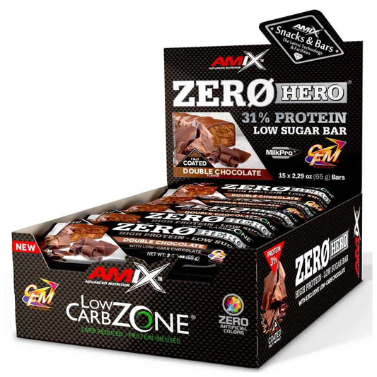 Amix Low Carb ZeroHero protein bars box double chocolate 65g 15 units