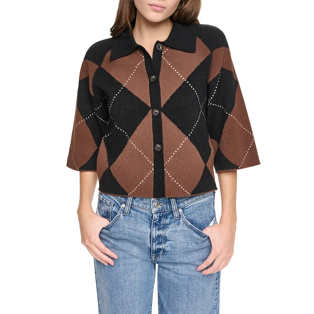 DKNY Fuzzy Argyle Elbow cardigan
