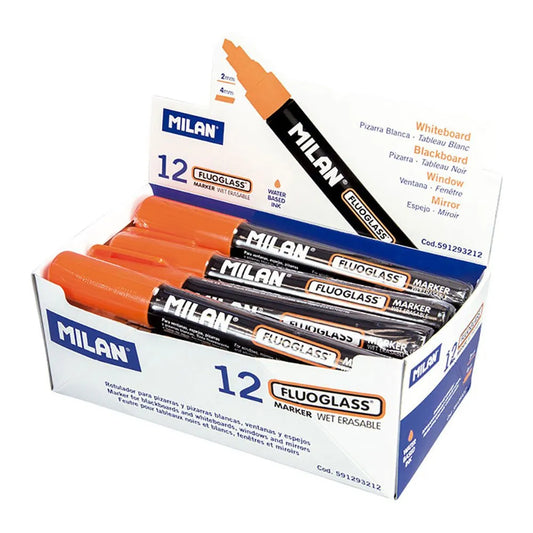 MILAN Display Box 12 Fluoglass Markers Chisel Tip 2 Orange Colour 4 mm