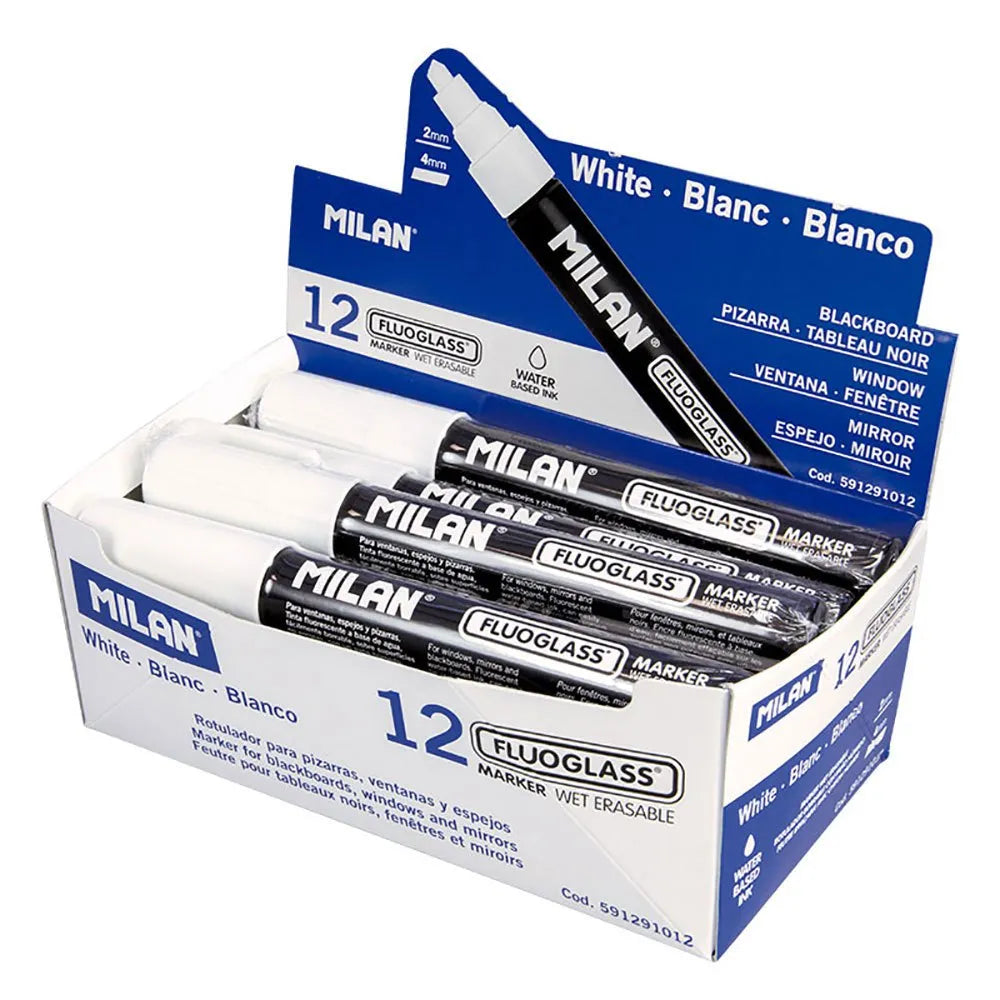 MILAN Display Box 12 Fluoglass Markers Chisel Tip 2 White Colour 4 mm