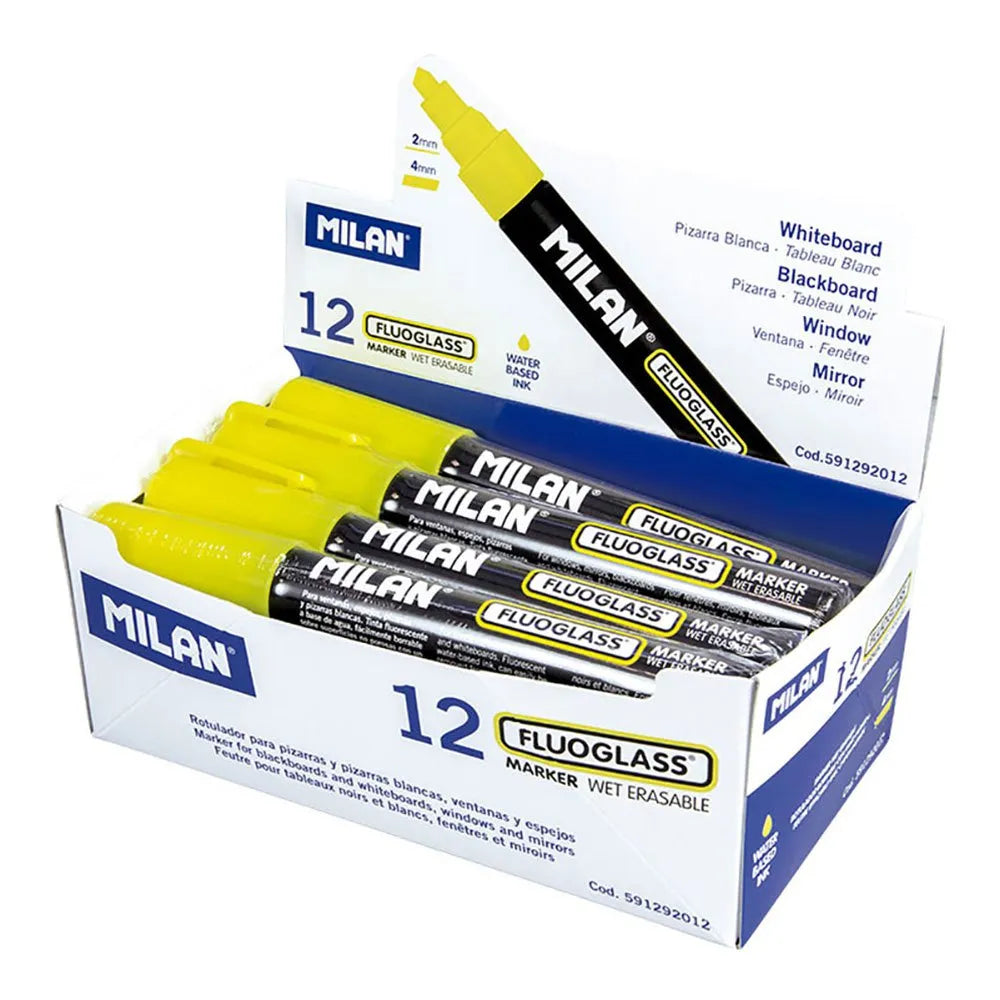 MILAN Display Box 12 Fluoglass Markers Chisel Tip 2 Yellow Colour 4 mm