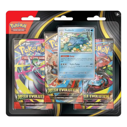 Pokemon trading card game Golduck Blister MegaEvolution 3 envelopes Latin Spanish