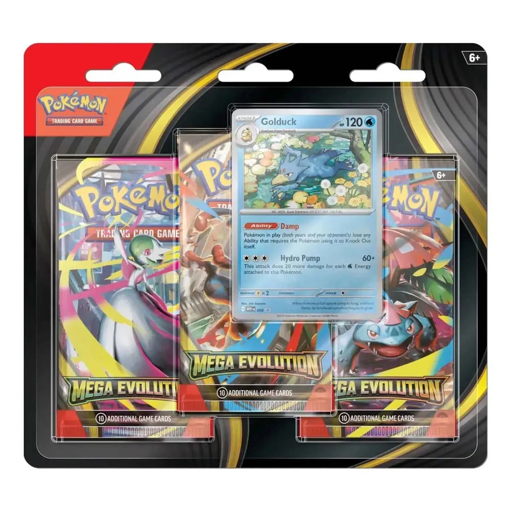 Pokemon trading card game Golduck Blister MegaEvolution 3 envelopes Latin Spanish