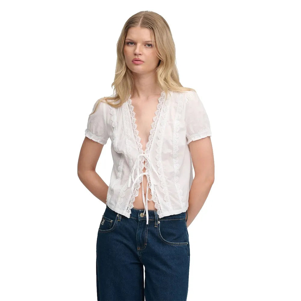 Superdry Lace Trim Tie short sleeve blouse